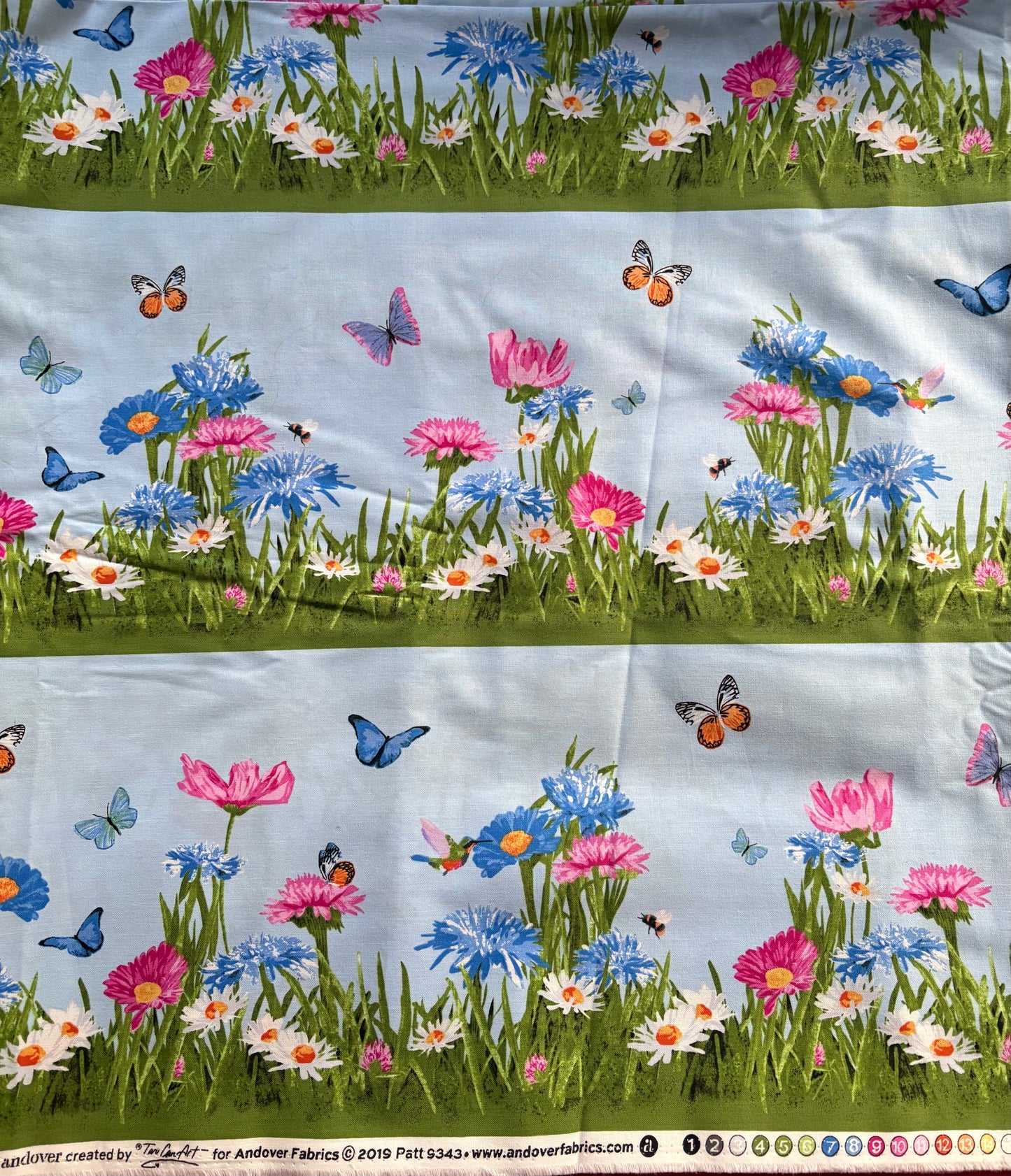 Andover by Two Can Art Meadow Meow Flowers and Butterflies Blue Border Stripe, 100% Cotton Fabric