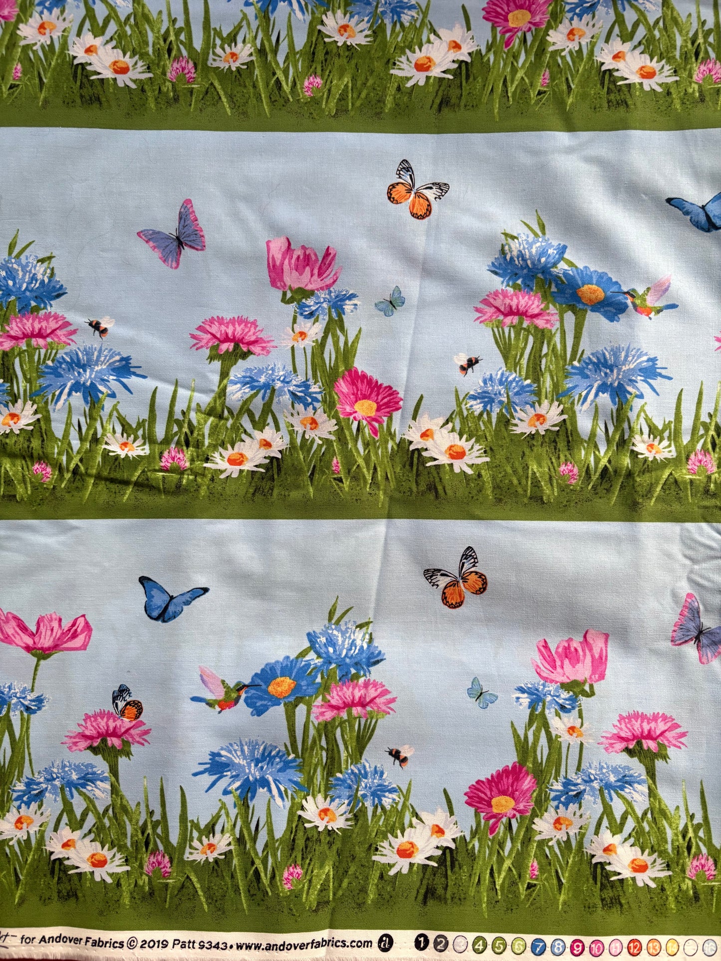 Andover by Two Can Art Meadow Meow Flowers and Butterflies Blue Border Stripe, 100% Cotton Fabric