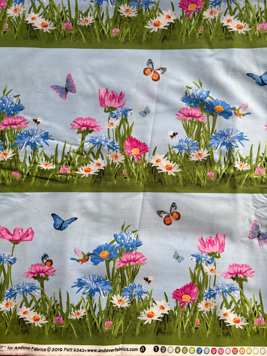 Andover by Two Can Art Meadow Meow Flowers and Butterflies Blue Border Stripe, 100% Cotton Fabric