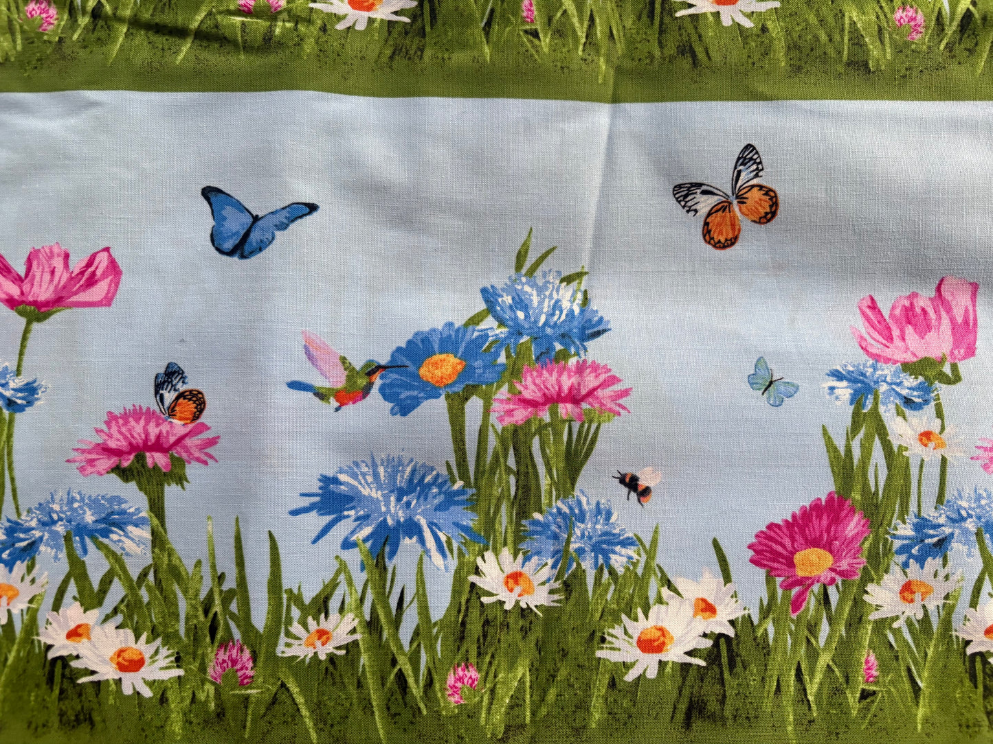 Andover by Two Can Art Meadow Meow Flowers and Butterflies Blue Border Stripe, 100% Cotton Fabric