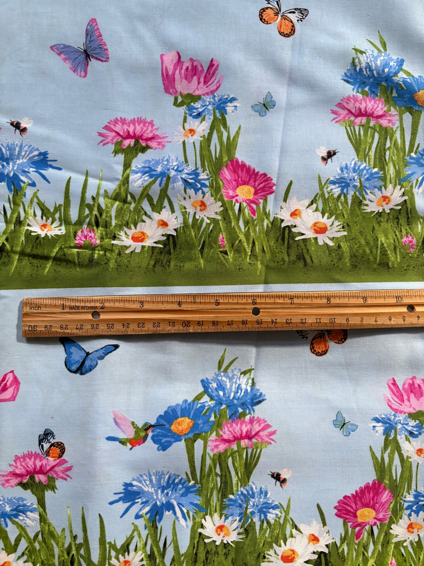Andover by Two Can Art Meadow Meow Flowers and Butterflies Blue Border Stripe, 100% Cotton Fabric