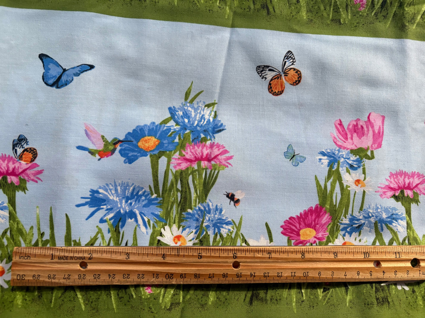 Andover by Two Can Art Meadow Meow Flowers and Butterflies Blue Border Stripe, 100% Cotton Fabric