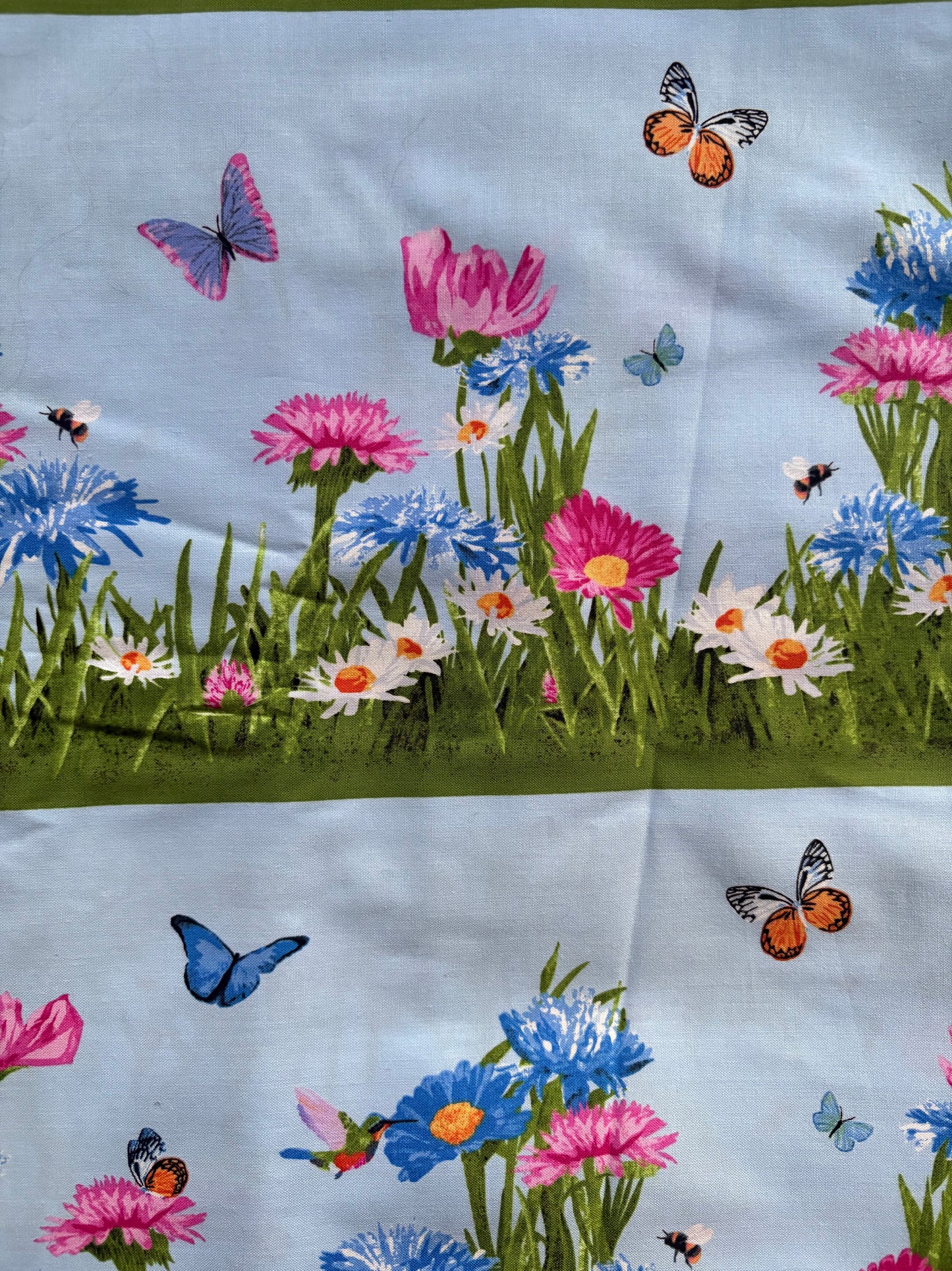 Andover by Two Can Art Meadow Meow Flowers and Butterflies Blue Border Stripe, 100% Cotton Fabric