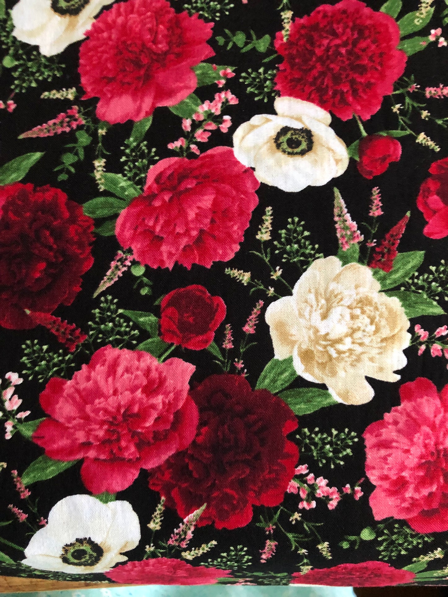 Timeless Treasures Carina Black by Chong-a Hwang Poppies and Peonies Floral Fabric, Red and White Flowers, Designer Cotton, Sold by YARD