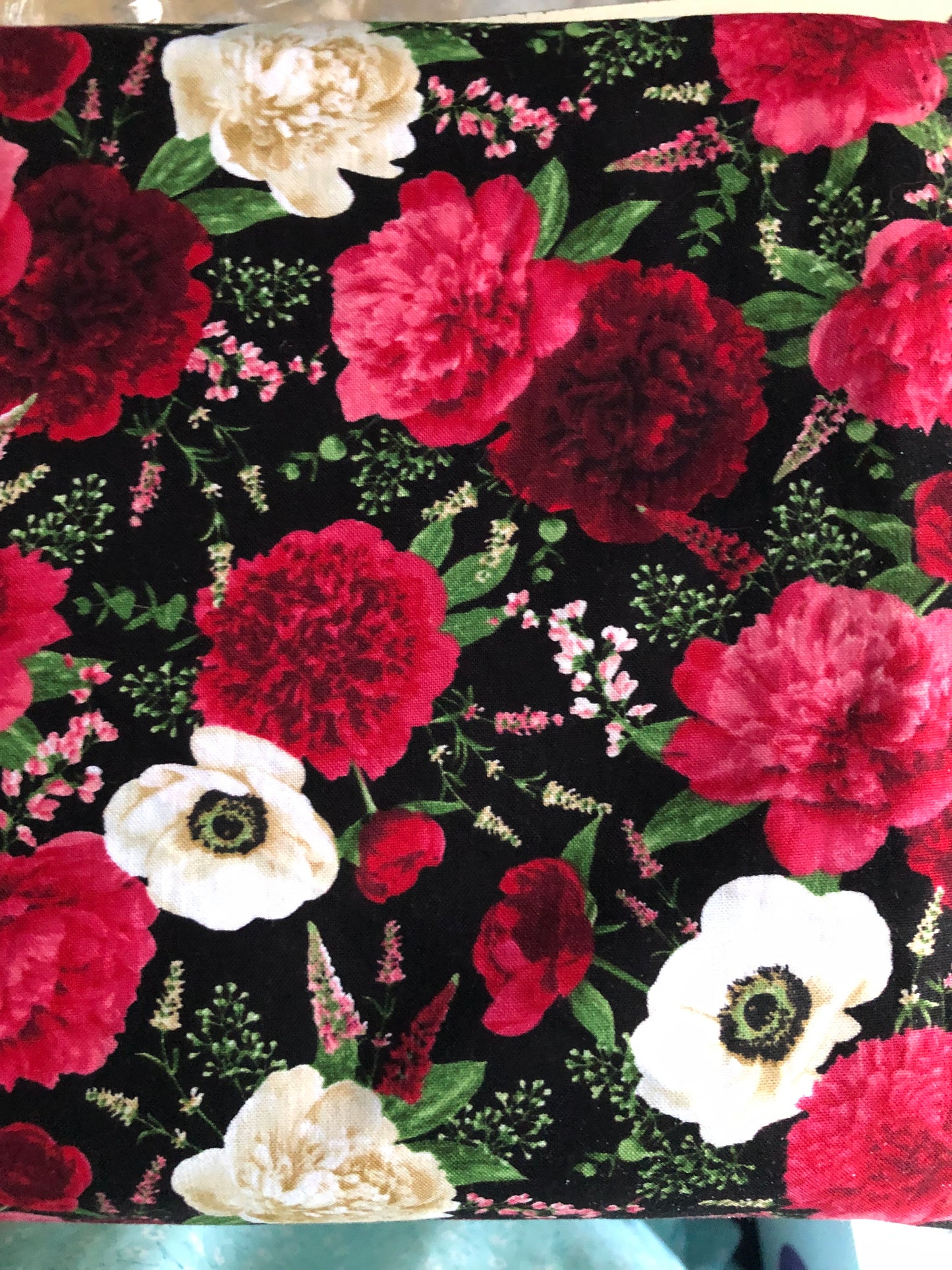 Timeless Treasures Carina Black by Chong-a Hwang Poppies and Peonies Floral Fabric, Red and White Flowers, Designer Cotton, Sold by YARD