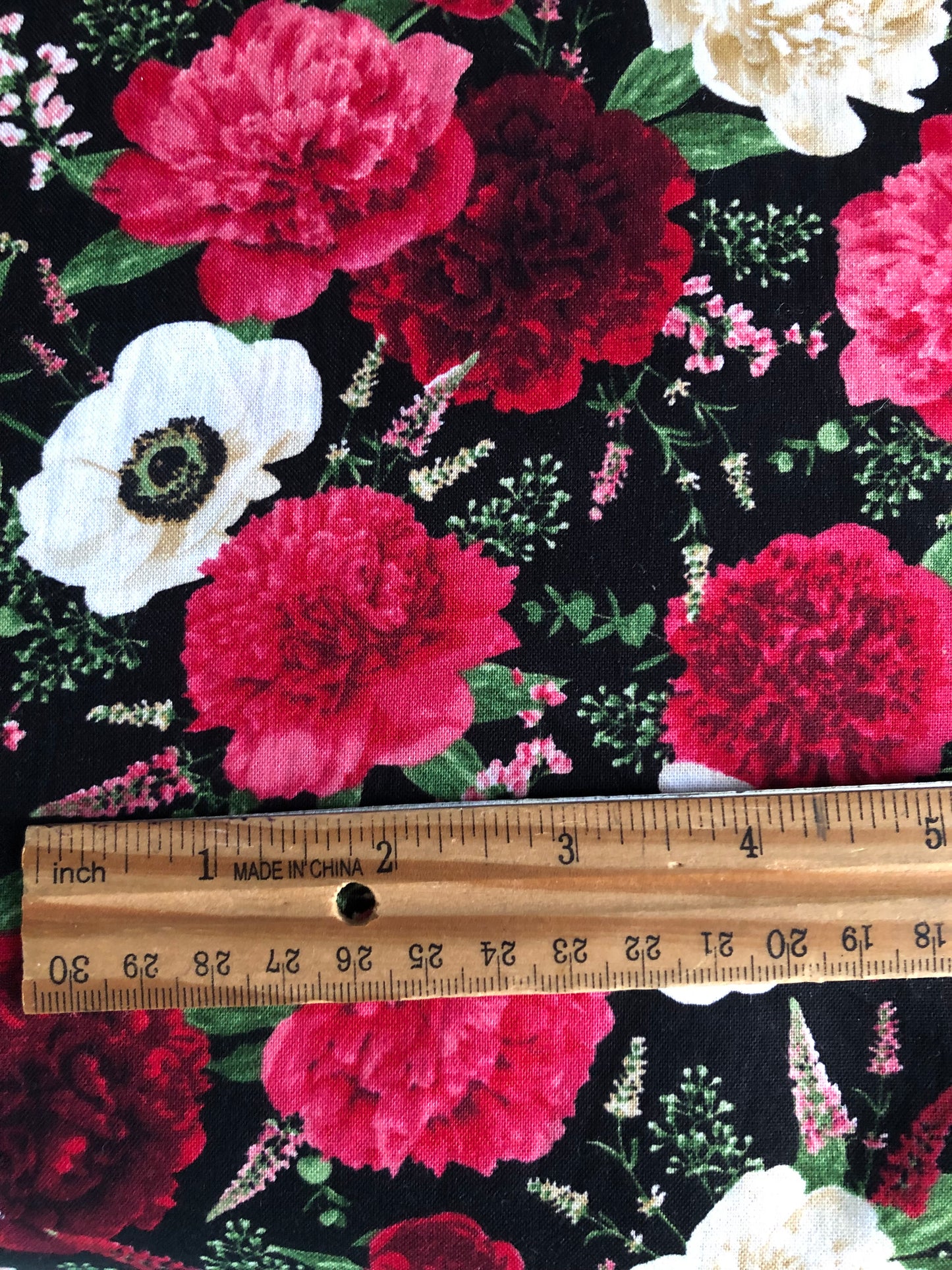 Timeless Treasures Carina Black by Chong-a Hwang Poppies and Peonies Floral Fabric, Red and White Flowers, Designer Cotton, Sold by YARD