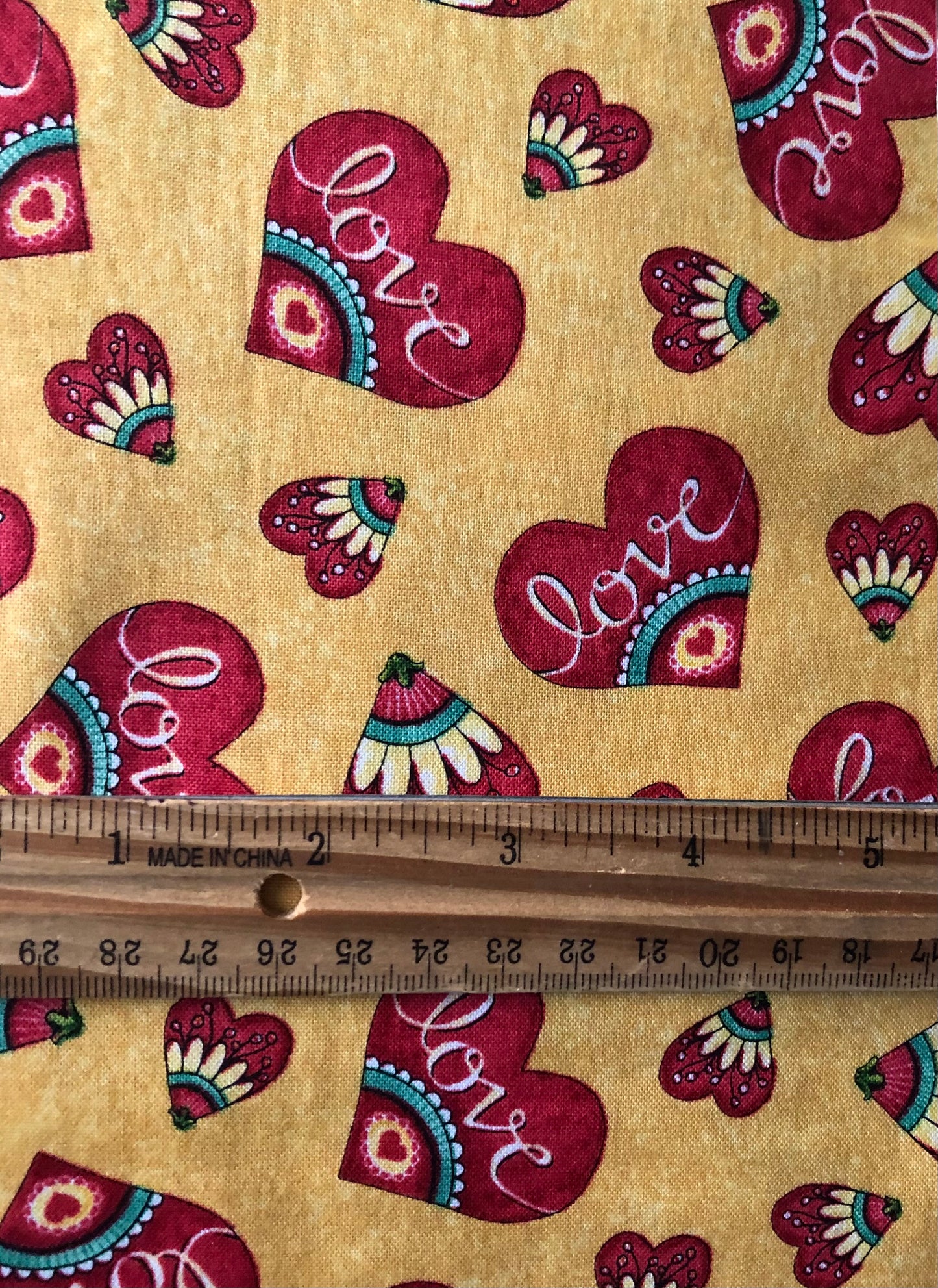 Quilting Treasures Love Grows Here Red Hearts Word Love on Honey Yellow, Designer Cotton, Quilting, Sold by YARD