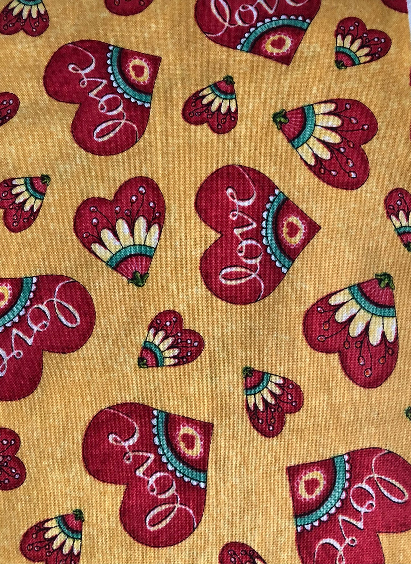 Quilting Treasures Love Grows Here Red Hearts Word Love on Honey Yellow, Designer Cotton, Quilting, Sold by YARD