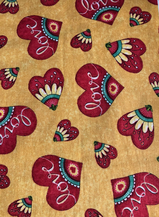 Quilting Treasures Love Grows Here Red Hearts Word Love on Honey Yellow, Designer Cotton, Quilting, Sold by YARD