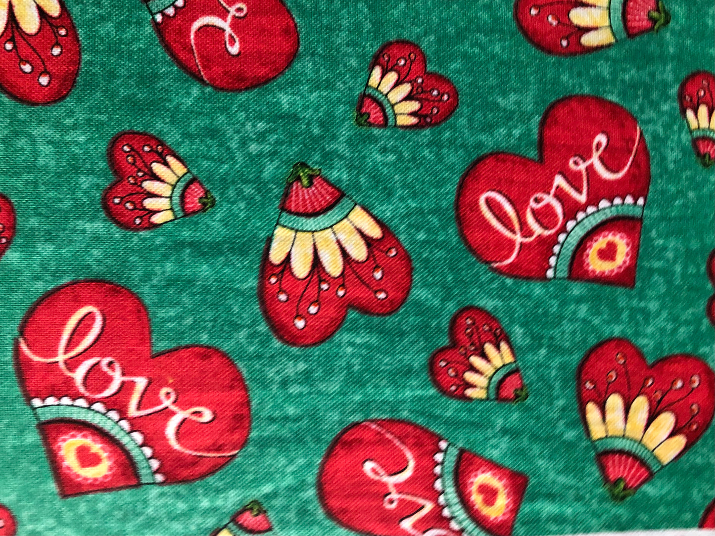Quilting Treasures Love Grows Here Red Hearts Word Love on Dark Green, Designer Cotton, Quilting, Sold by YARD