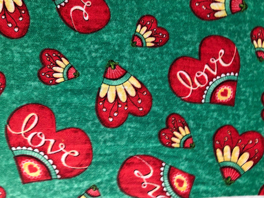 Quilting Treasures Love Grows Here Red Hearts Word Love on Dark Green, Designer Cotton, Quilting, Sold by YARD