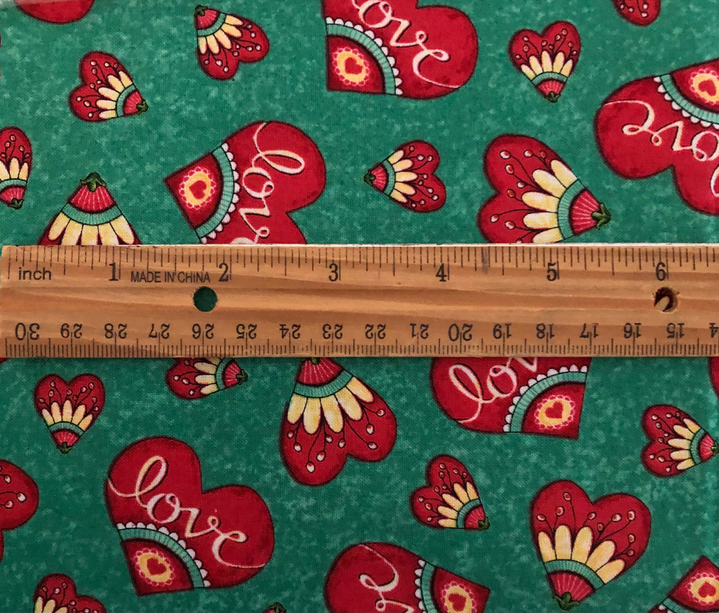 Quilting Treasures Love Grows Here Red Hearts Word Love on Dark Green, Designer Cotton, Quilting, Sold by YARD