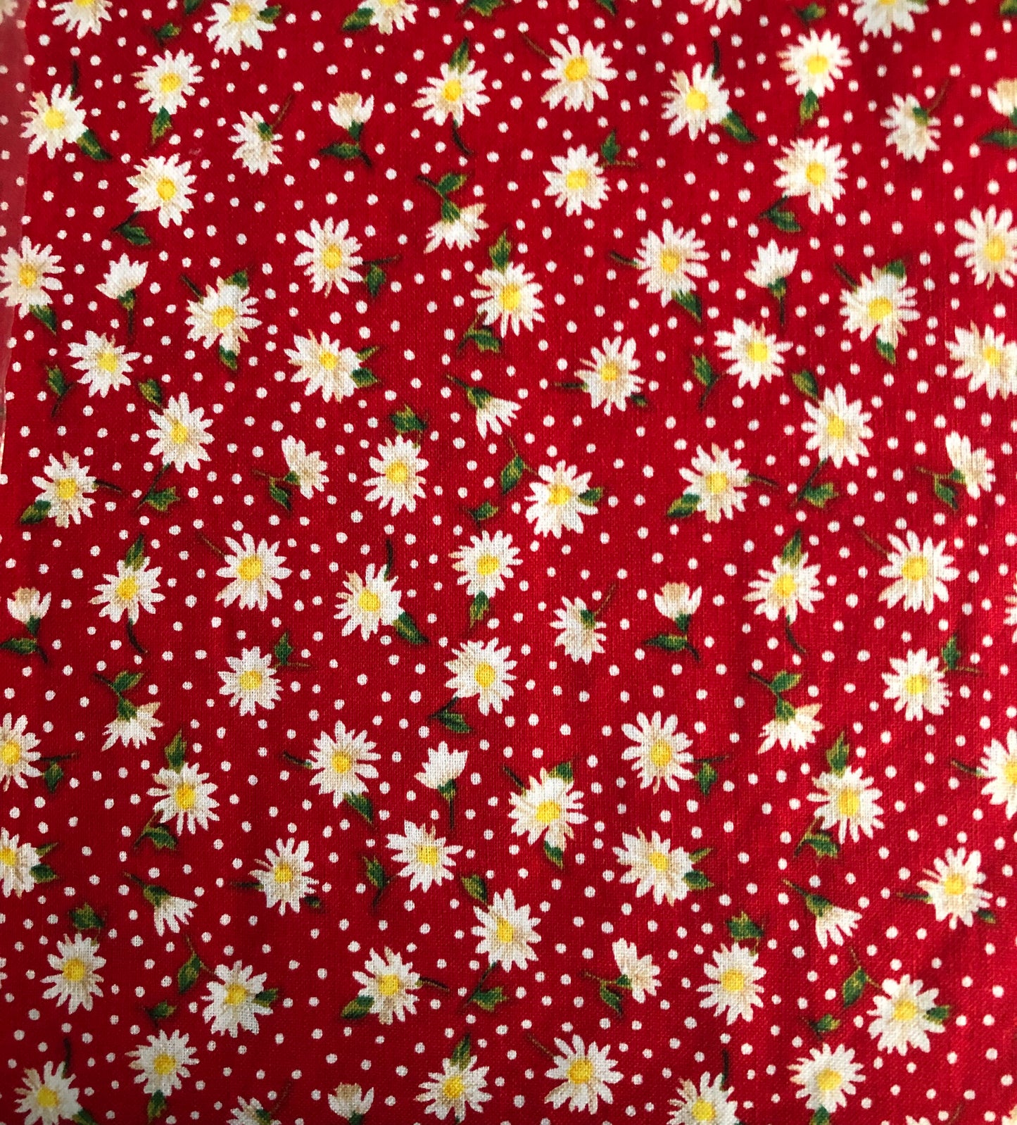 Dorothy's Daisies on Red with White Polka Dots Floral Fabric, Designer Cotton, Quilting, Sold by YARD
