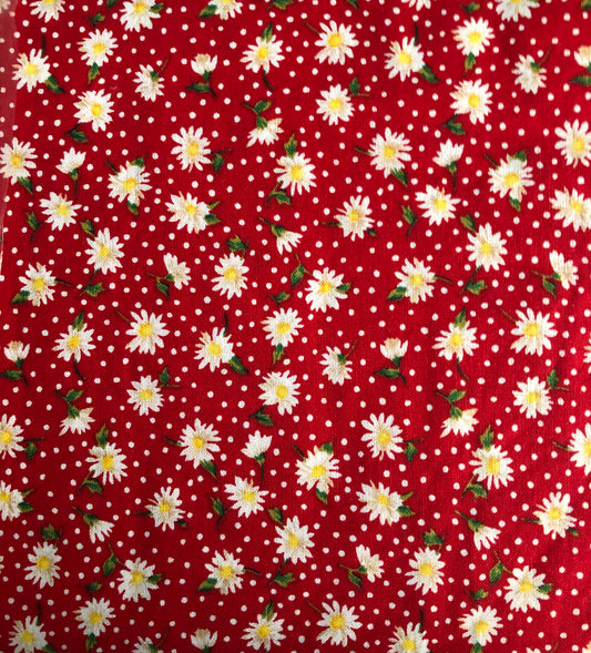 Dorothy's Daisies on Red with White Polka Dots Floral Fabric, Designer Cotton, Quilting, Sold by YARD