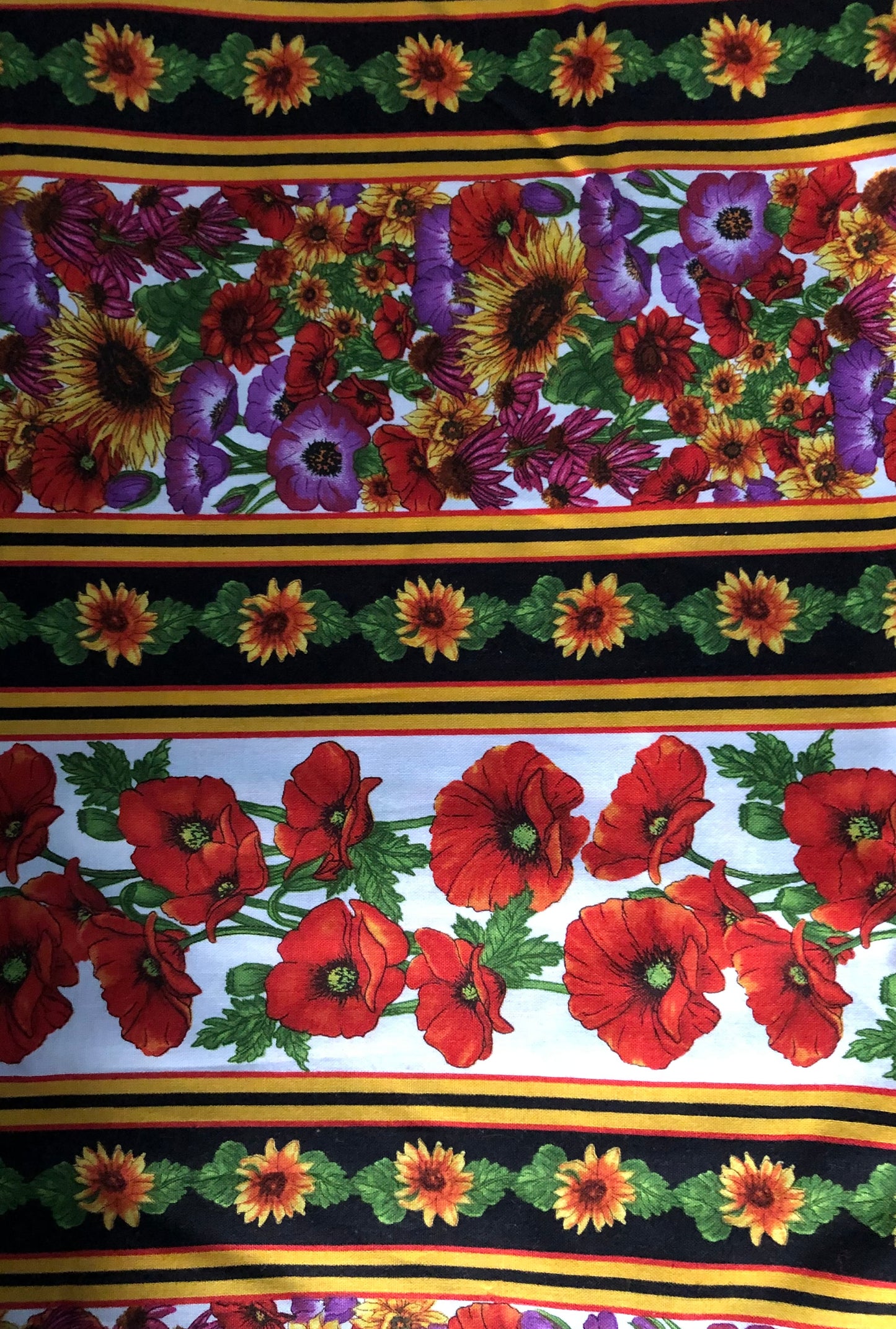 Blank Quilting by Lennie Honcoop Poppies and Sunflowers Stripes Floral Fabric, Designer Cotton, Quilting, Sold by YARD