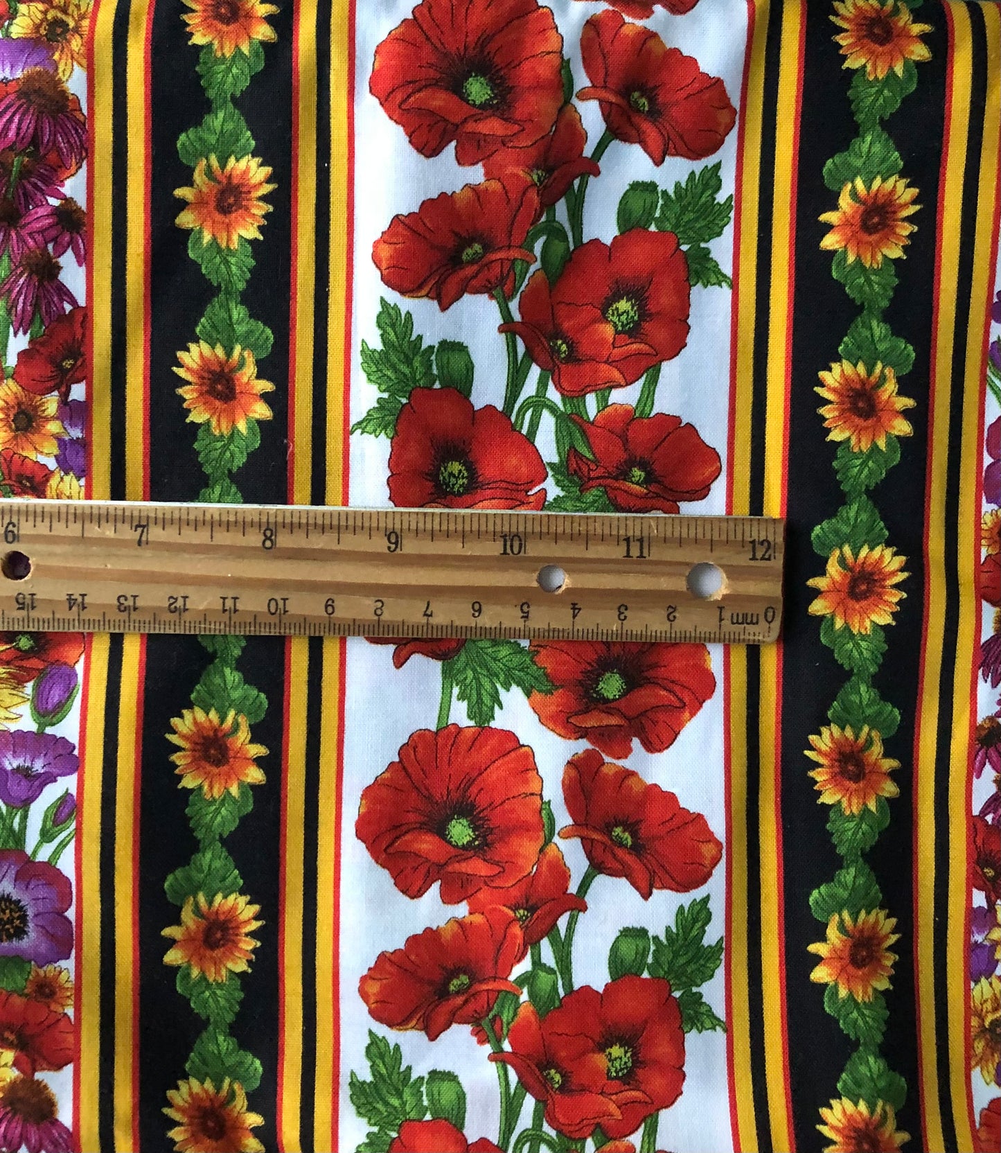 Blank Quilting by Lennie Honcoop Poppies and Sunflowers Stripes Floral Fabric, Designer Cotton, Quilting, Sold by YARD