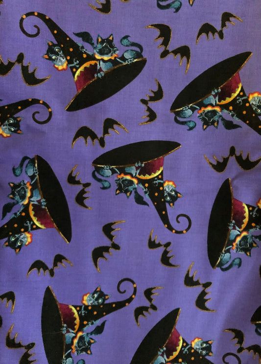 Blank Quilting by David Galchutt Witchful Thinking, Black Cats and Witches Hats on Purple, Designer Cotton, Quilting Fabric, Sold by YARD