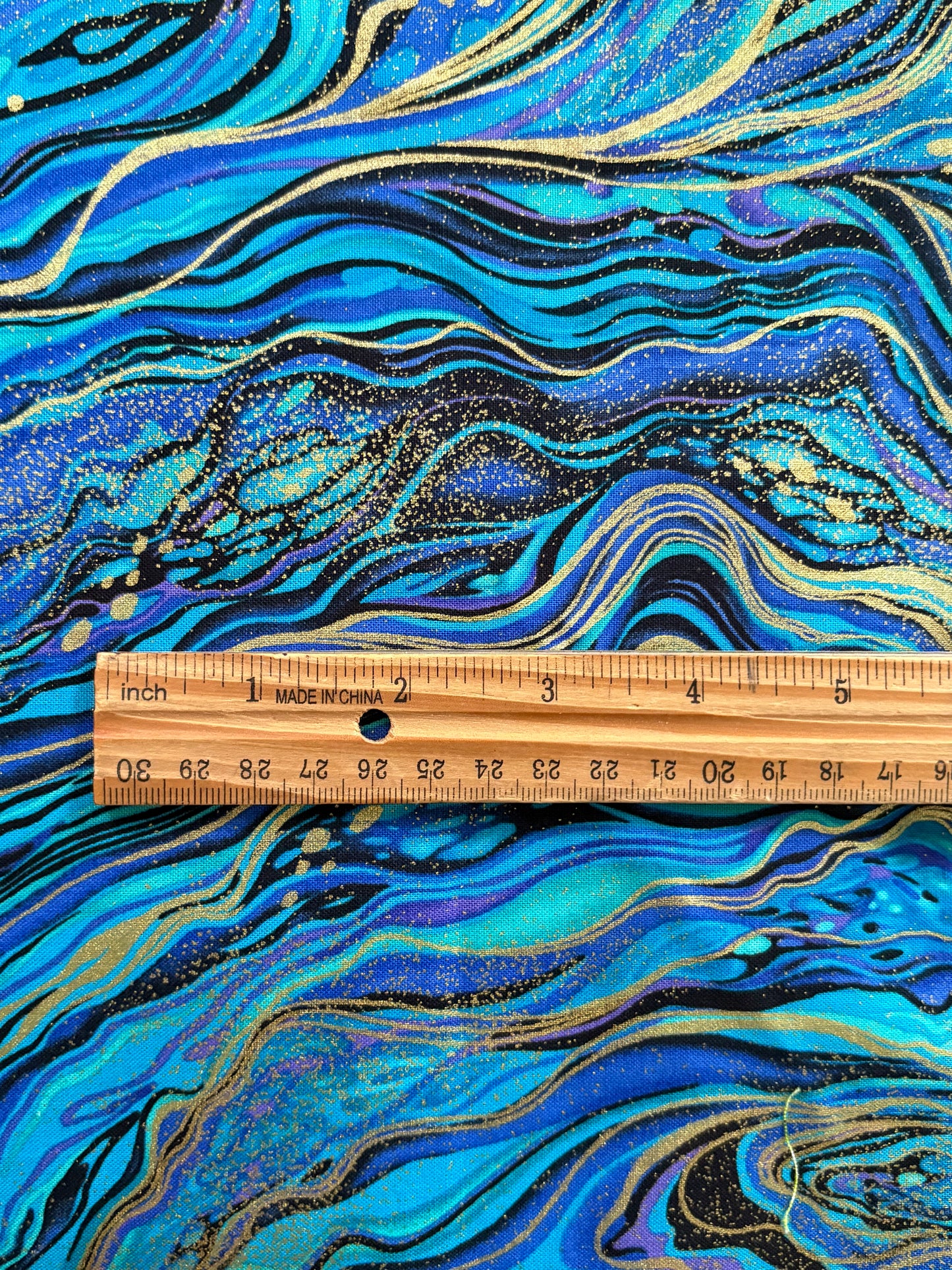 Timeless Treasures Palazzo Metallic Gold Peacock Blue Abstract Marble by Chong-a Hwang, 100% Cotton Fabric, Sold by Yard