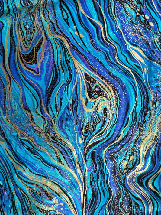 Timeless Treasures Palazzo Metallic Gold Peacock Blue Abstract Marble by Chong-a Hwang, 100% Cotton Fabric, Sold by Yard