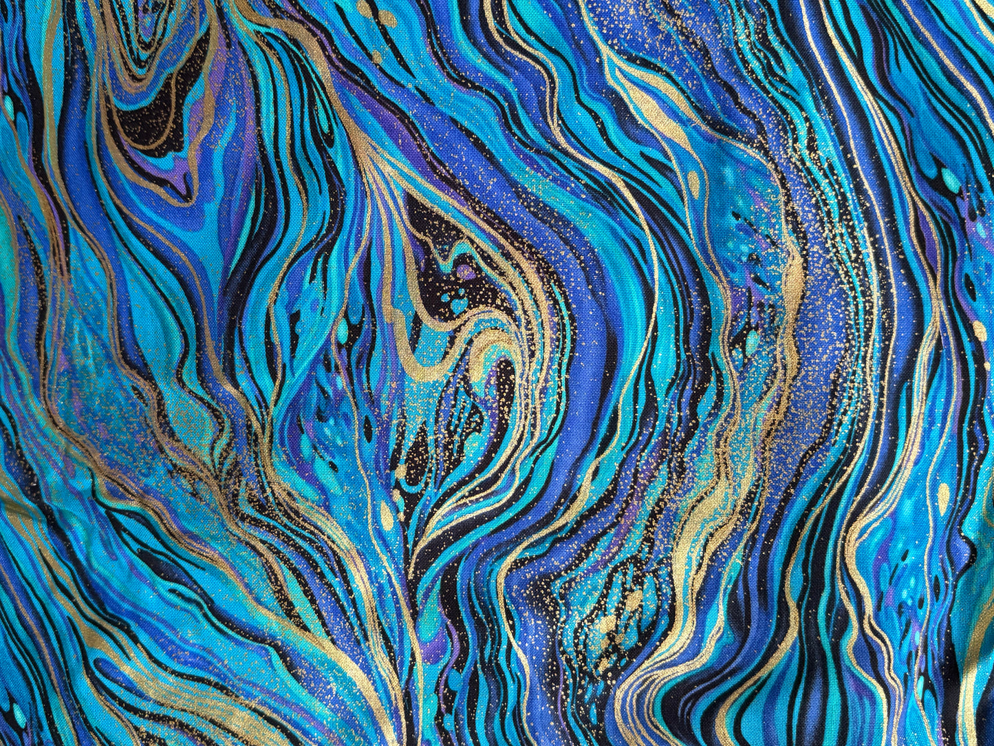 Timeless Treasures Palazzo Metallic Gold Peacock Blue Abstract Marble by Chong-a Hwang, 100% Cotton Fabric, Sold by Yard