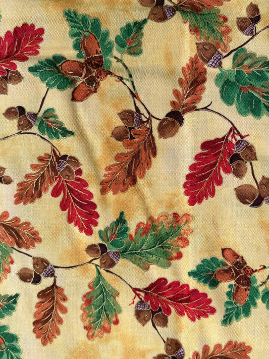 Fabri Quilt Golden Harvest Open Autumn Leaves and Acorns Metallic Gold, 100% Cotton Fabric, Sold by Yard