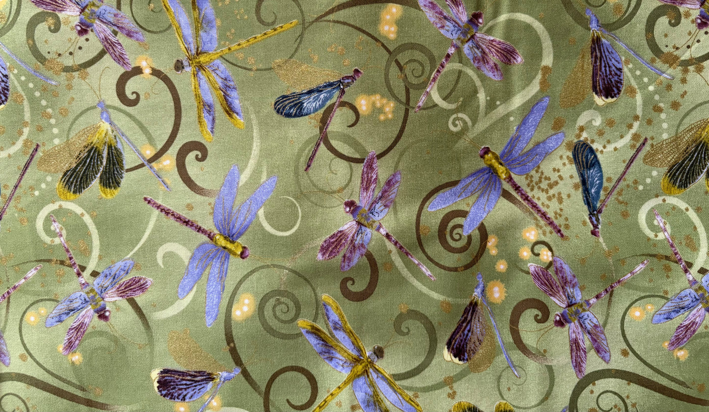 Benartex Kanvas Dance of the Dragonfly by Marie Kalinowski, Metallic Gold Swirls Celedon Green, 100% Cotton Fabric, Sold by Yard