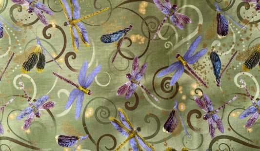 Benartex Kanvas Dance of the Dragonfly by Marie Kalinowski, Metallic Gold Swirls Celedon Green, 100% Cotton Fabric, Sold by Yard