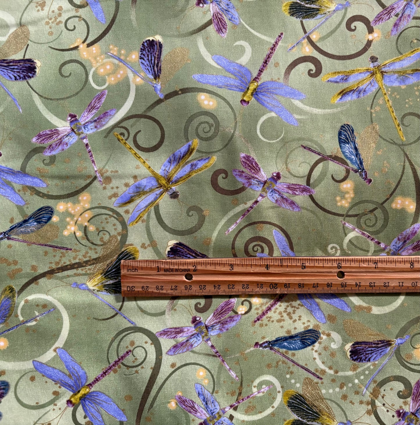 Benartex Kanvas Dance of the Dragonfly by Marie Kalinowski, Metallic Gold Swirls Celedon Green, 100% Cotton Fabric, Sold by Yard