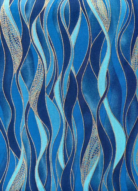 Benartex, Kanvas Studio Dance of the Dragonfly Metallic Gold Blue Waves, Designer Cotton, Quilting Fabric, Sold by YARD