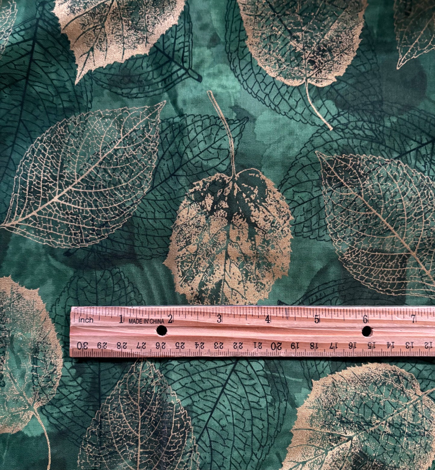 Hoffman Fabric "Falling for You" Gold Metallic Leaves on Dark Green, Designer Cotton, Quilting Fabric, Sold by YARD