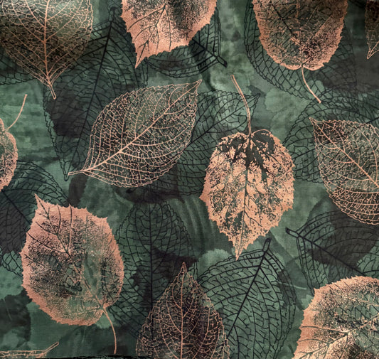 Hoffman Fabric "Falling for You" Gold Metallic Leaves on Dark Green, Designer Cotton, Quilting Fabric, Sold by YARD