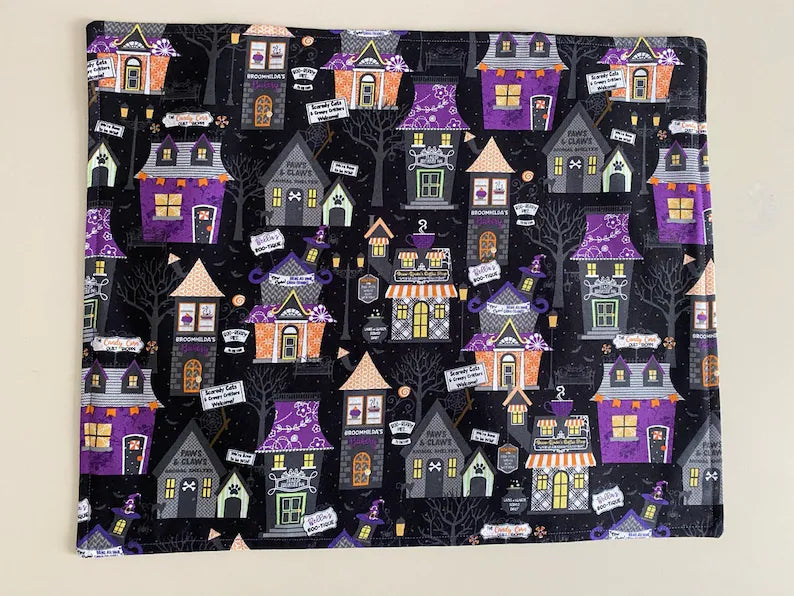 Set of 2 Placemats, Halloween Placemats, Haunted House Halloween Village Placemats, Reversible Placemats