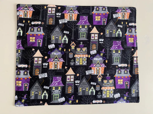 Set of 2 Placemats, Halloween Placemats, Haunted House Halloween Village Placemats, Reversible Placemats