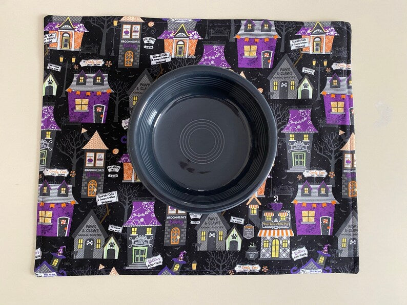 Set of 2 Placemats, Halloween Placemats, Haunted House Halloween Village Placemats, Reversible Placemats