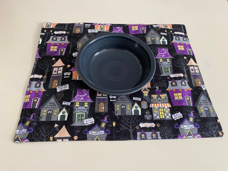 Set of 2 Placemats, Halloween Placemats, Haunted House Halloween Village Placemats, Reversible Placemats