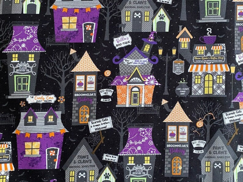 Set of 2 Placemats, Halloween Placemats, Haunted House Halloween Village Placemats, Reversible Placemats