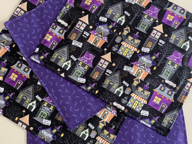 Set of 4 Placemats, Halloween Placemats, Haunted House Halloween Village Placemats, Reversible Placemats