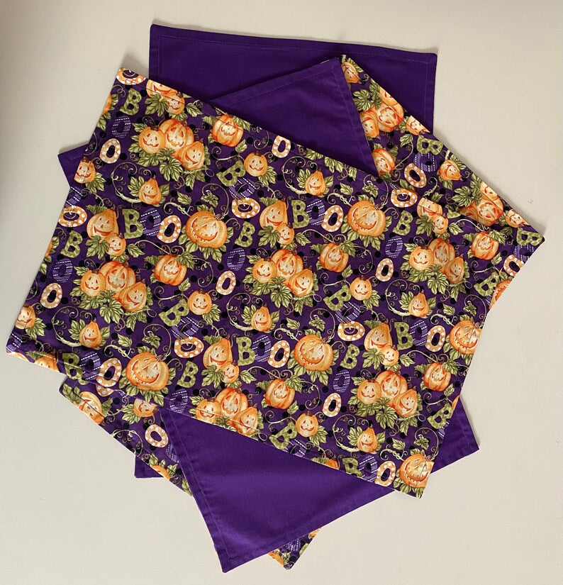Halloween Placemats, Set of 4 Placemats, Pumpkin and Boo Placemats, Reversible Placemats