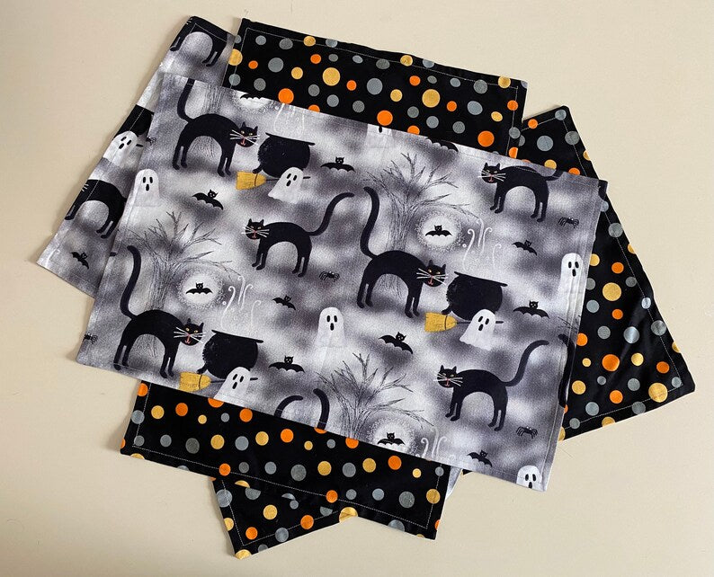 Halloween Placemats, Placemats for Table, Black Cat Ghosts, and Cauldrons Placemats, Reversible Placemats, Set of 4 Placemats