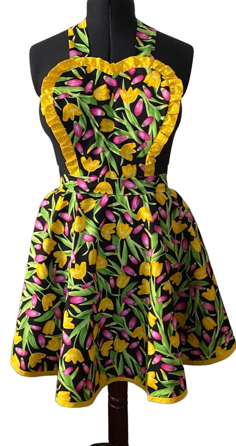 Apron for Women, Tulip Apron for Women, Spring Garden Apron for Women, Pink and Yellow Tulips Apro