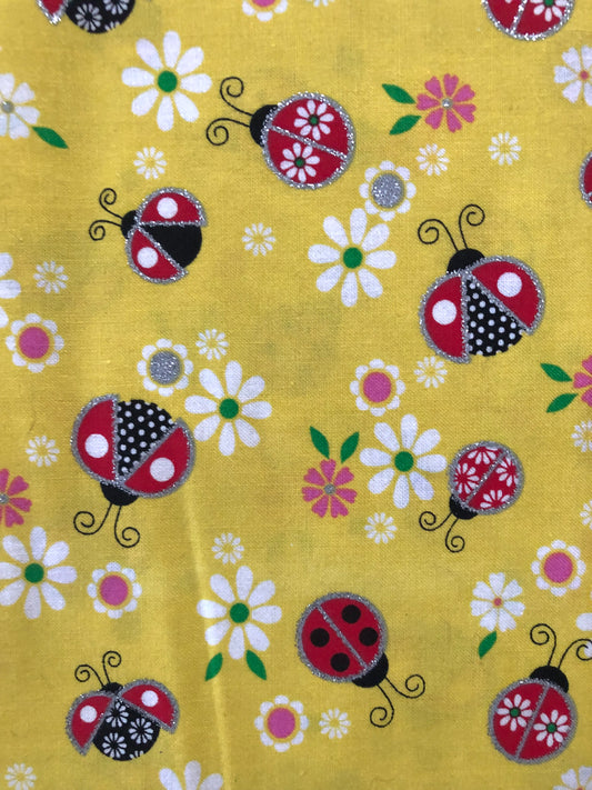 Fabric Traditions Silver Glitter Yellow Ladybug, Designer Cotton, Quilting Fabric, Sold by YARD