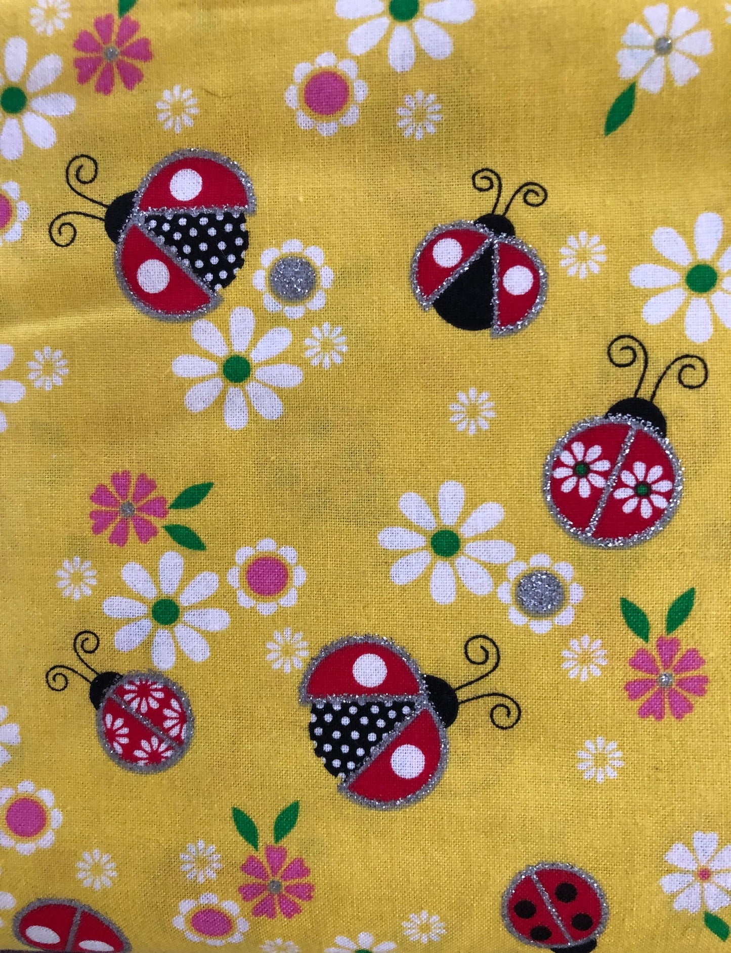 Fabric Traditions Silver Glitter Yellow Ladybug, Designer Cotton, Quilting Fabric, Sold by YARD