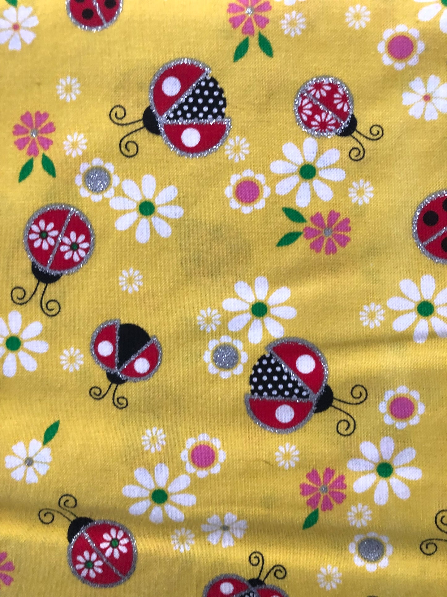 Fabric Traditions Silver Glitter Yellow Ladybug, Designer Cotton, Quilting Fabric, Sold by YARD