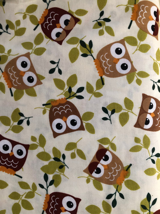 Richlin Fabric Inc Tossed Owl Khaki Wine Sage, Designer Cotton, Quilting Fabric, Sold by the YARD