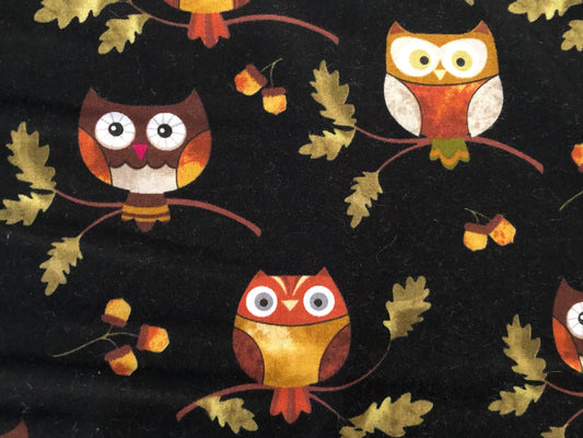 Bernartex Autumn Owls on Black Marie Kalinowski, Designer Cotton, Quilting Fabric, Sold by YARD
