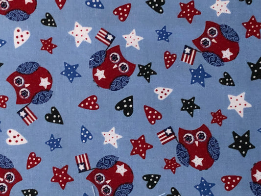 Blank Quilting Land That I Love Patriotic American Flags, Stars, Hearts, and Owls, Designer Cotton, Quilting Fabric