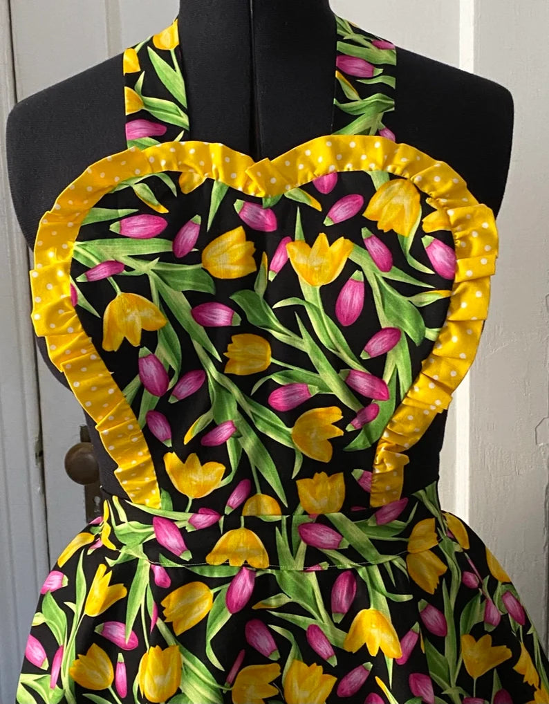 Apron for Women, Tulip Apron for Women, Spring Garden Apron for Women, Pink and Yellow Tulips Apro