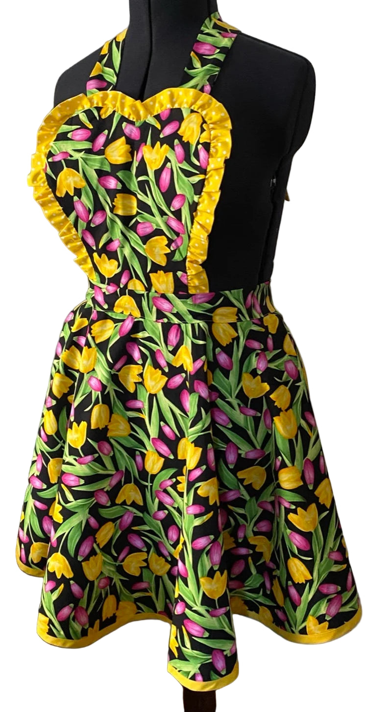 Apron for Women, Tulip Apron for Women, Spring Garden Apron for Women, Pink and Yellow Tulips Apro