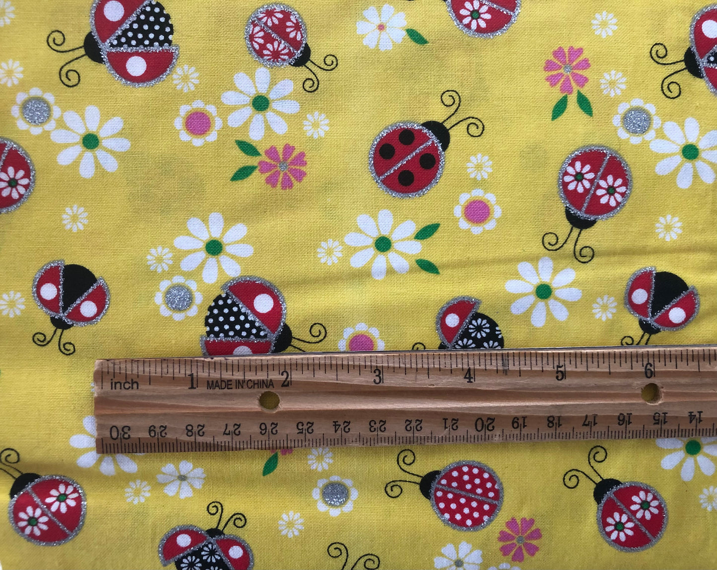 Fabric Traditions Silver Glitter Yellow Ladybug, Designer Cotton, Quilting Fabric, Sold by YARD
