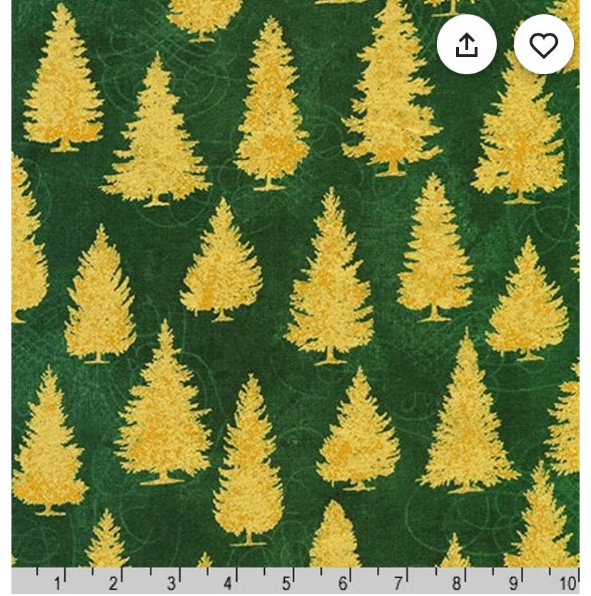 2 YARDS Robert Kaufman Winter's Grandeur Holiday Pine Trees Green Metallic Gold, Christmas, Designer Cotton, Quilting Fabric